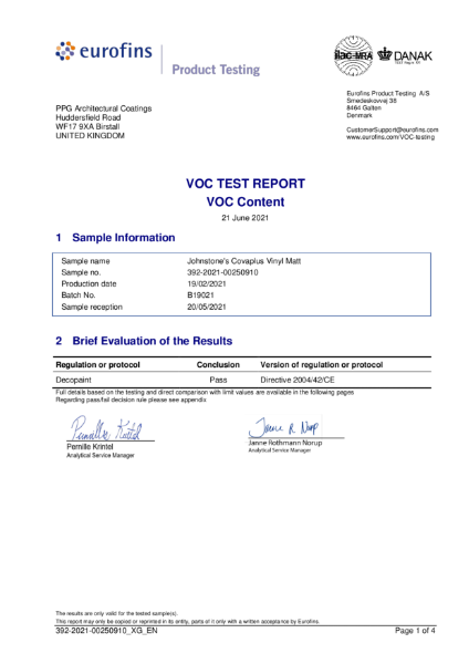 Eurofins Johnstone's Covaplus Vinyl Matt VOC Content