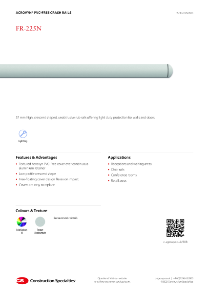 CS Acrovyn PVC-Free FR-225N Rub Rail_Product Sheet (09.23)