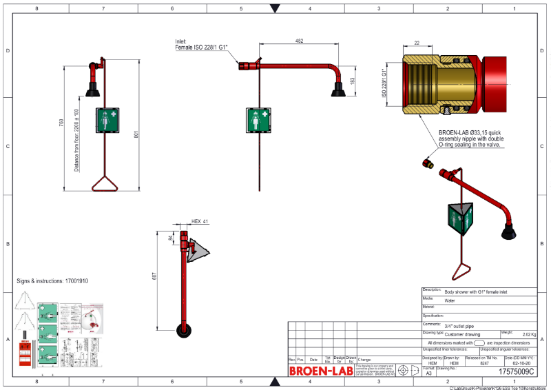 Wall-mounted G1" Emergency Drench shower TDS