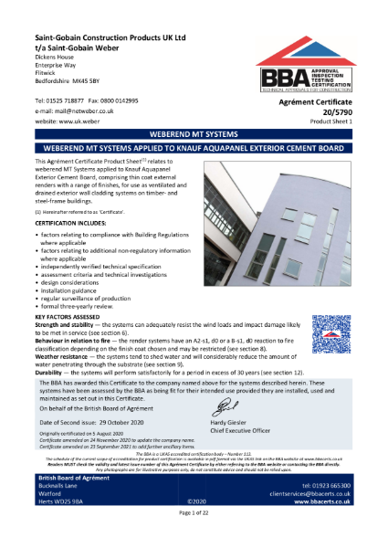 BBA Agrément Certificate (20/5790) Product Sheet 1 (weberend MT with Knauf Aquapanel exterior cement board)