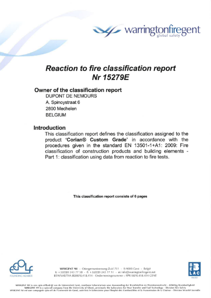 6mm & 12mm Corian® Solid Surface Euroclass B Reaction to Fire Certification