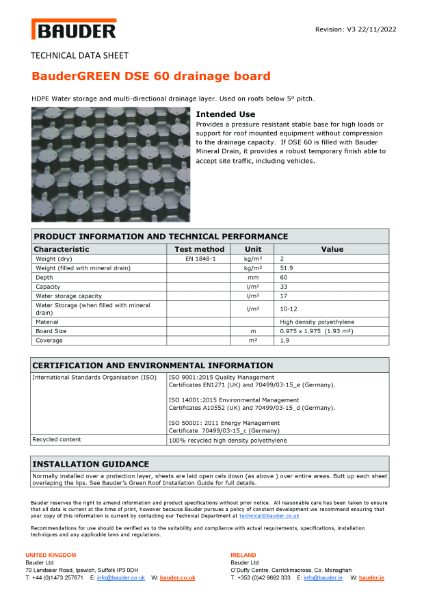 BauderGREEN DSE 60 Drainage Board - Technical Data Sheet