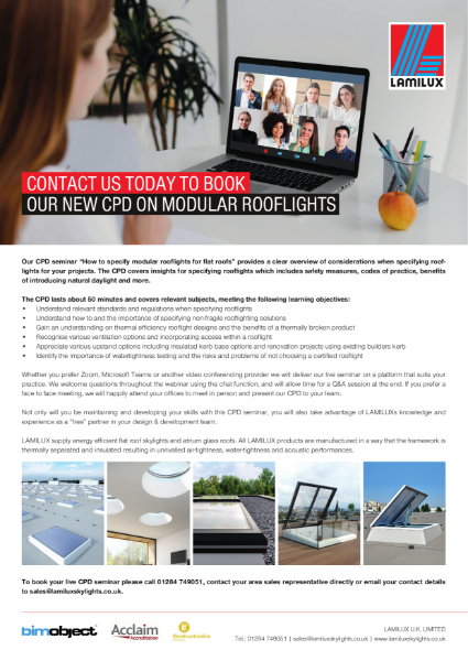 Book a CPD: Modular rooflights for flat roofs seminar flyer