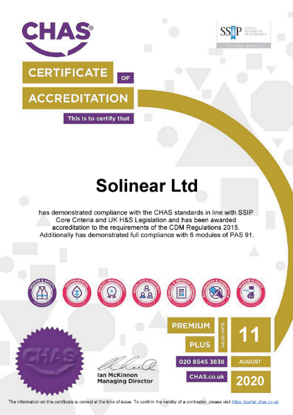 Solinear awarded CHAS Premium Plus