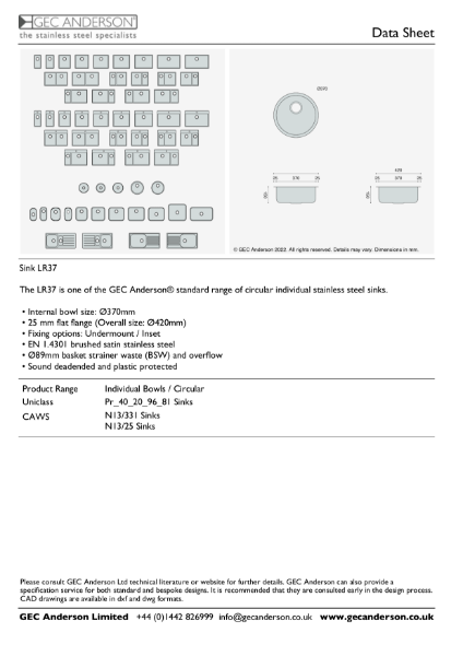 GEC Anderson Data Sheet - Sink Bowl: LR37