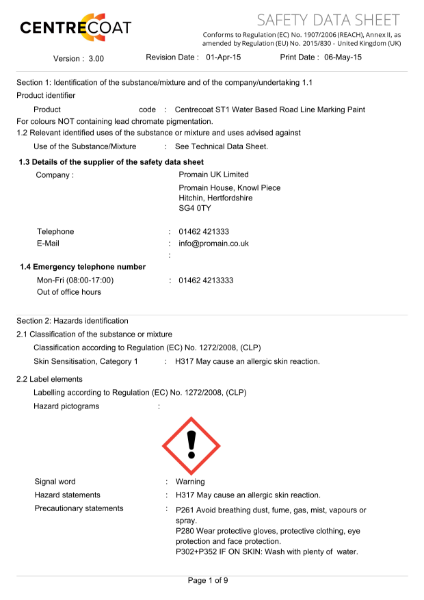 Centrecoat ST1 Water Based Road Line Marking Paint - Safety Data Sheet