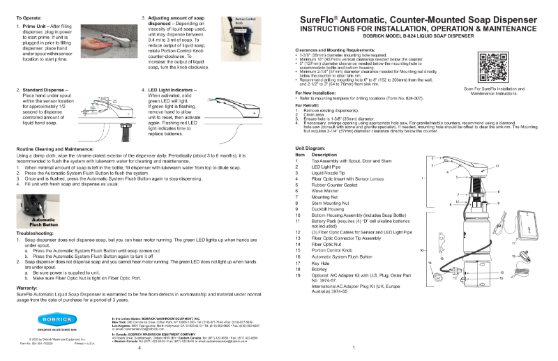 SureFlo® Automatic, Counter-Mounted Soap Dispenser - Instructions for Installation, Operation and Maintenance - Bobrick Model B-824 Liquid Soap Dispenser
