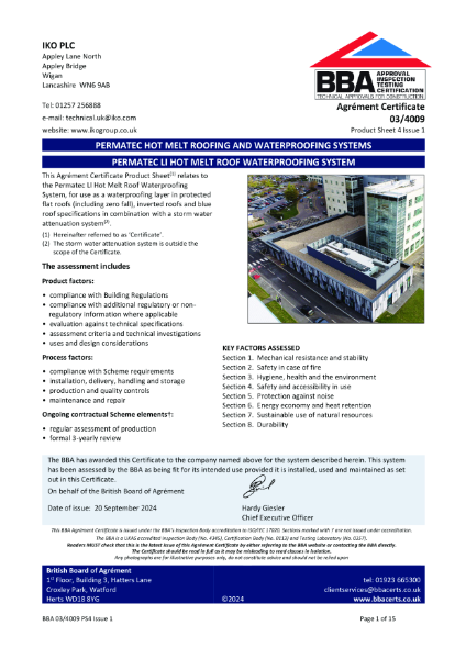 BBA Certificate - IKO Permatec LI Standard Inverted