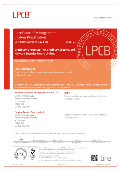 Bradbury Group & Newton Doors ISO 14001 Certificate