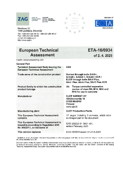 EJOT ETA 16/0934 Through Bolts BA Plus 
