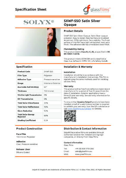 SXWF-SSO Satin Silver Opaque Specification Sheet