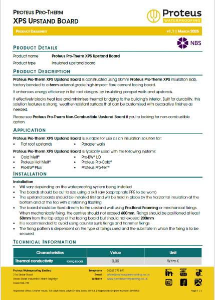 Product Data Sheet - Proteus Pro-Therm XPS Upstand Board