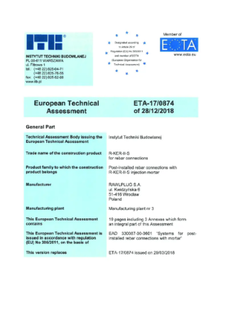 European Technical Assessment - R-KER-II-S for rebar connections