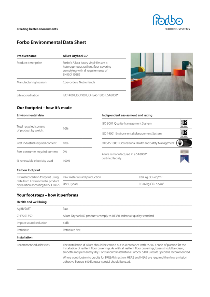 Allura DR7 (0.7mm wearlayer) Environmental Datasheet