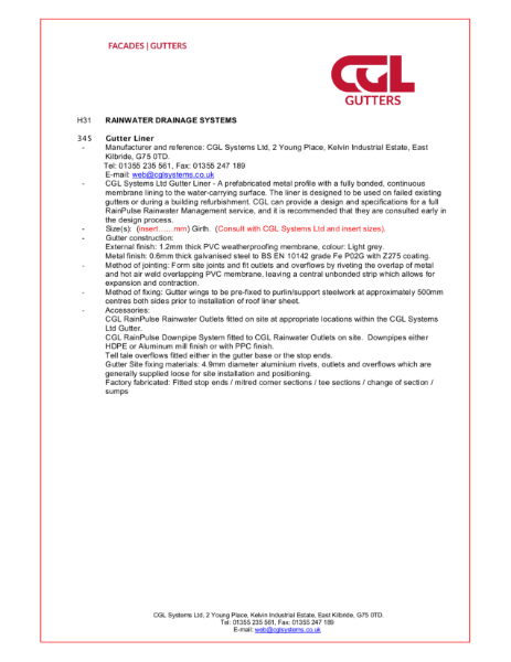 CGL Systems Ltd - Liner Gutter Specification H31 - July 2021