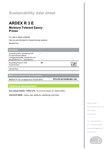 ARDEX R 3 E Sustainability Data Sheet