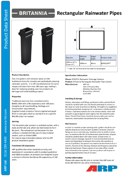 Britannia Rectangular Pipe Data Sheet