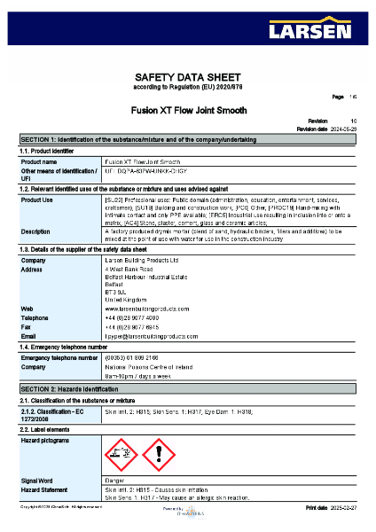 MSDS - Fusion XT Flow-Joint Smooth Eco BS 7533 Type 40 Jointing Mortar