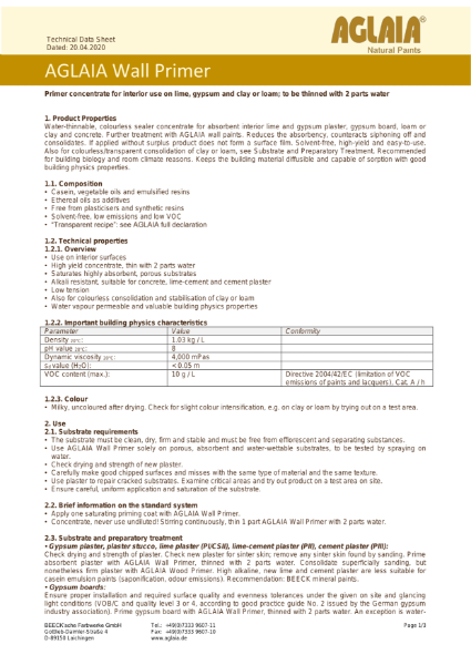 Aglaia Wall Primer - Technical Data Sheet