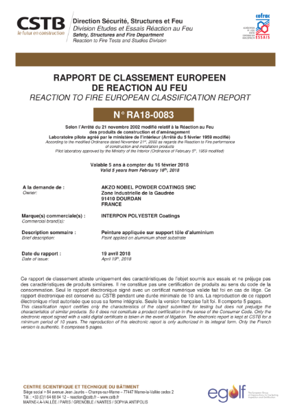 REACTION TO FIRE - CLASSIFICATION REPORT EUI-22-000041