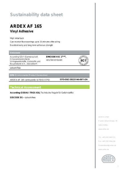 ARDEX AF 165 Sustainability Data Sheet