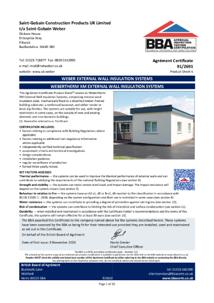 BBA Agrément Certificate (91/2691) Product Sheet 6 (webertherm XM with mechanically-fixed MFD onto timber frame construction)