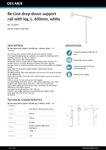 Be-Line Drop-Down Grab Bar with Leg - 650 mm - Matte White Product Data Sheet