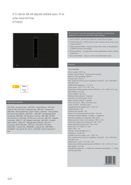 N 70, Induction hob with integrated ventilation system, 70 cm, surface mount with frame V57THQ4L0