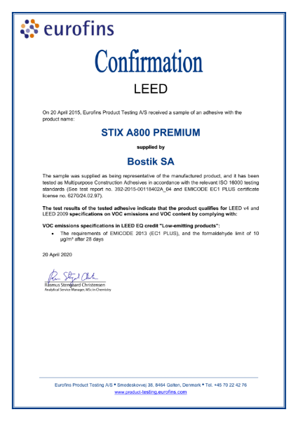 Bostik Stix A800 Premium LEED Attestation