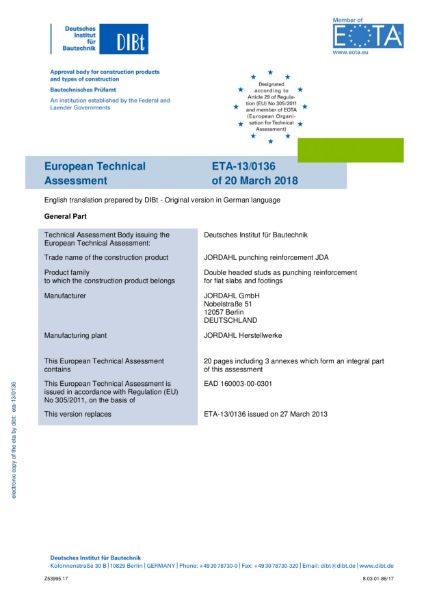 European Technical Assessment for JORDAHL PUNCHING SHEAR REINFORCEMENT - JDA - ETA-13/0136