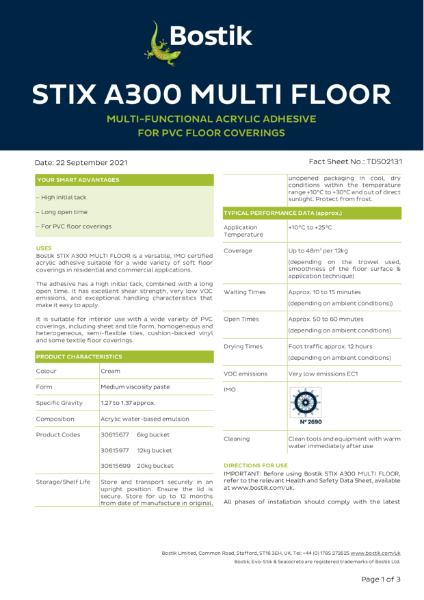 Bostik Stix A300 Adhesive - Technical Data Sheet