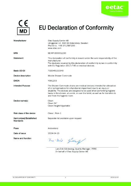 Etac Clean Declaration of Conformity