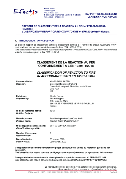 CLASSIFICATION OF REACTION TO FIRE - Quadcore EN13501-1-2018