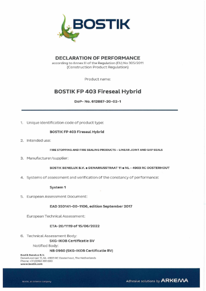 Bostik FP403 CE Fire Declaration of Performance
