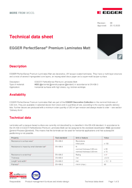 Technical Datasheet - PerfectSense® Premium Laminate Matt