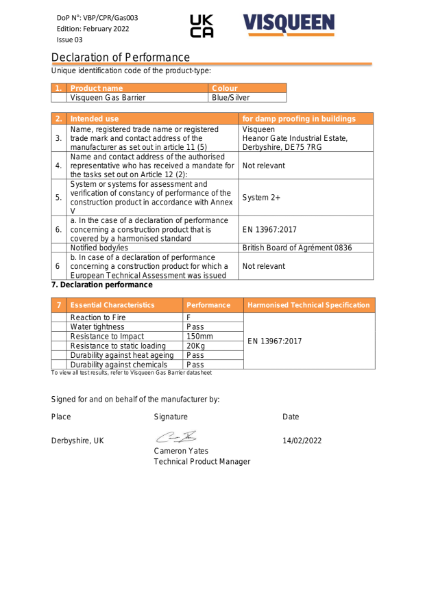 Gas UKCA Visqueen Gas Barrier Declaration of Performance