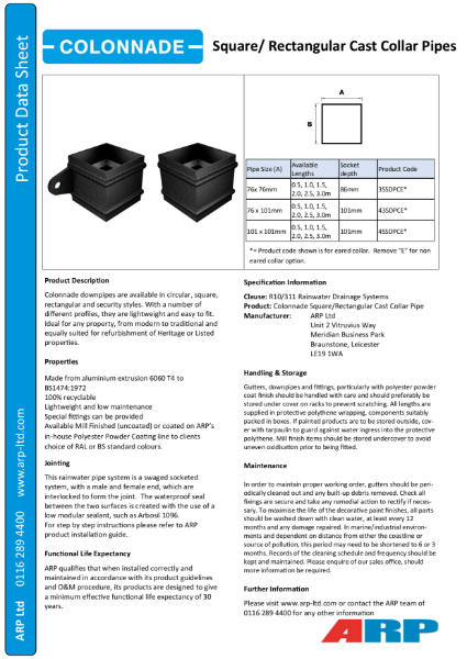 Colonnade Square/ Rectangular Cast Collar Pipe Data Sheet