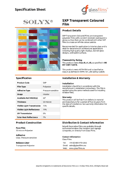 SXP Transparent Coloured Specification Sheet
