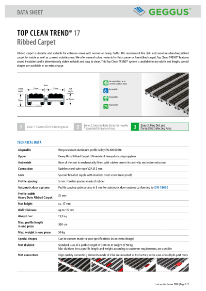 GEGGUS Technical Data Sheet - Top Clean Trend® Ribbed Carpet