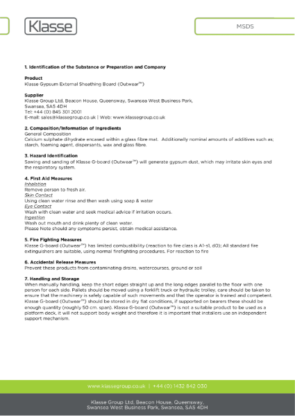 Klasse G-board Gypsum External Sheathing Board (Outwear) MSDS