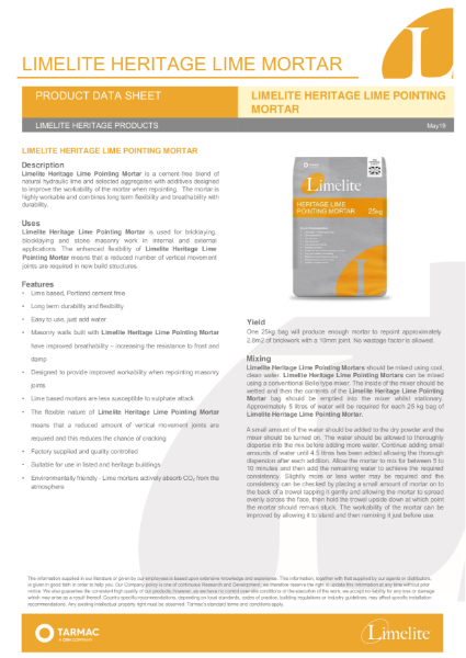 Limelite Heritage Pointing Mortar - Technical Data Sheet