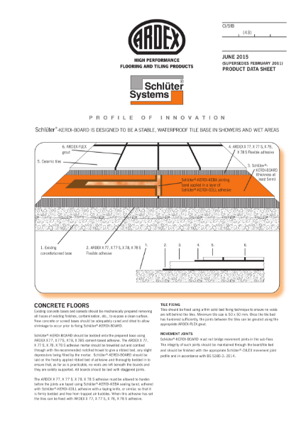 Schlüter KERDI BOARD and ARDEX Waterproof Tile Base System for Floors in Showers & Wet Areas.