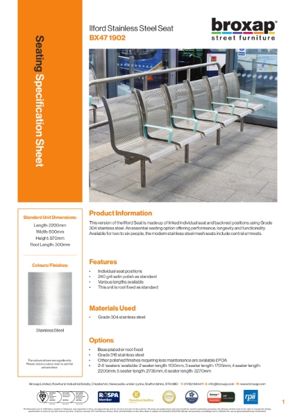 Ilford Stainless Steel Seat Specification Sheet