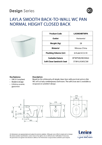 LAYLA SMOOTH BACK-TO-WALL WC PAN NORMAL HEIGHT CLOSED BACK