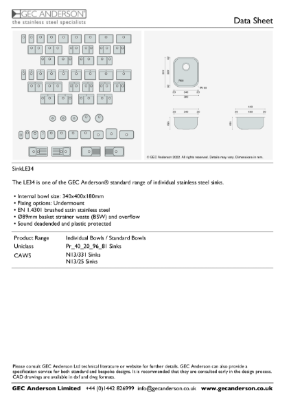 GEC Anderson Data Sheet - Sink Bowl: LE34