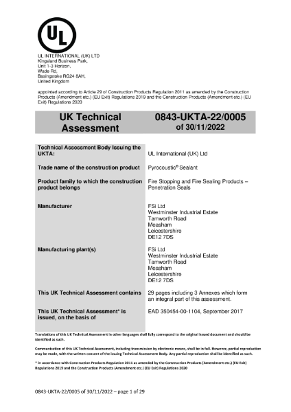 UKTA22 0005 Pyrocoustic Penetration Seals