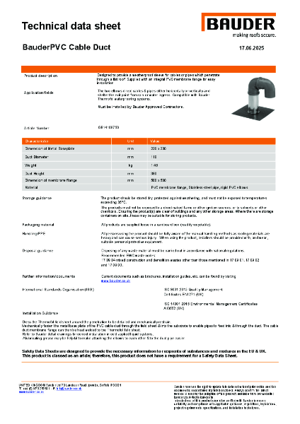 Bauder PVC Cable Duct - Technical Data Sheet