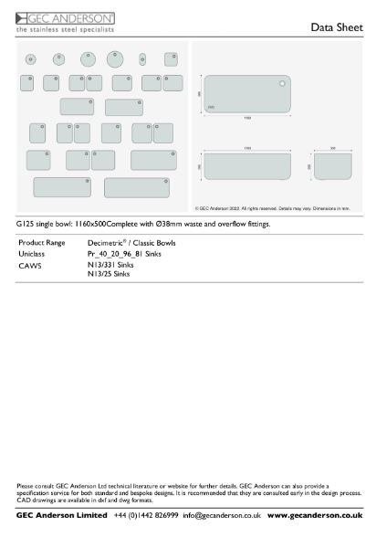 GEC Anderson Data Sheet - G125 (350) Single Bowl