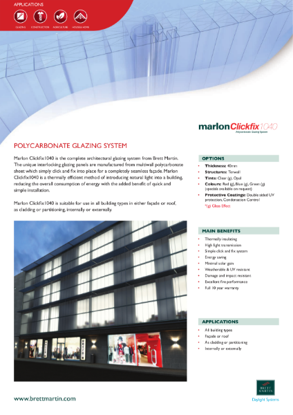 Polycarbonate Panel Glazing System for vertical façades & rooflights- Marlon Clickfix 1040