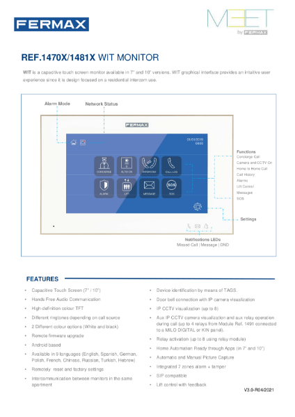 WIT IP Touch Screen Internal Monitor - High End Data Sheet